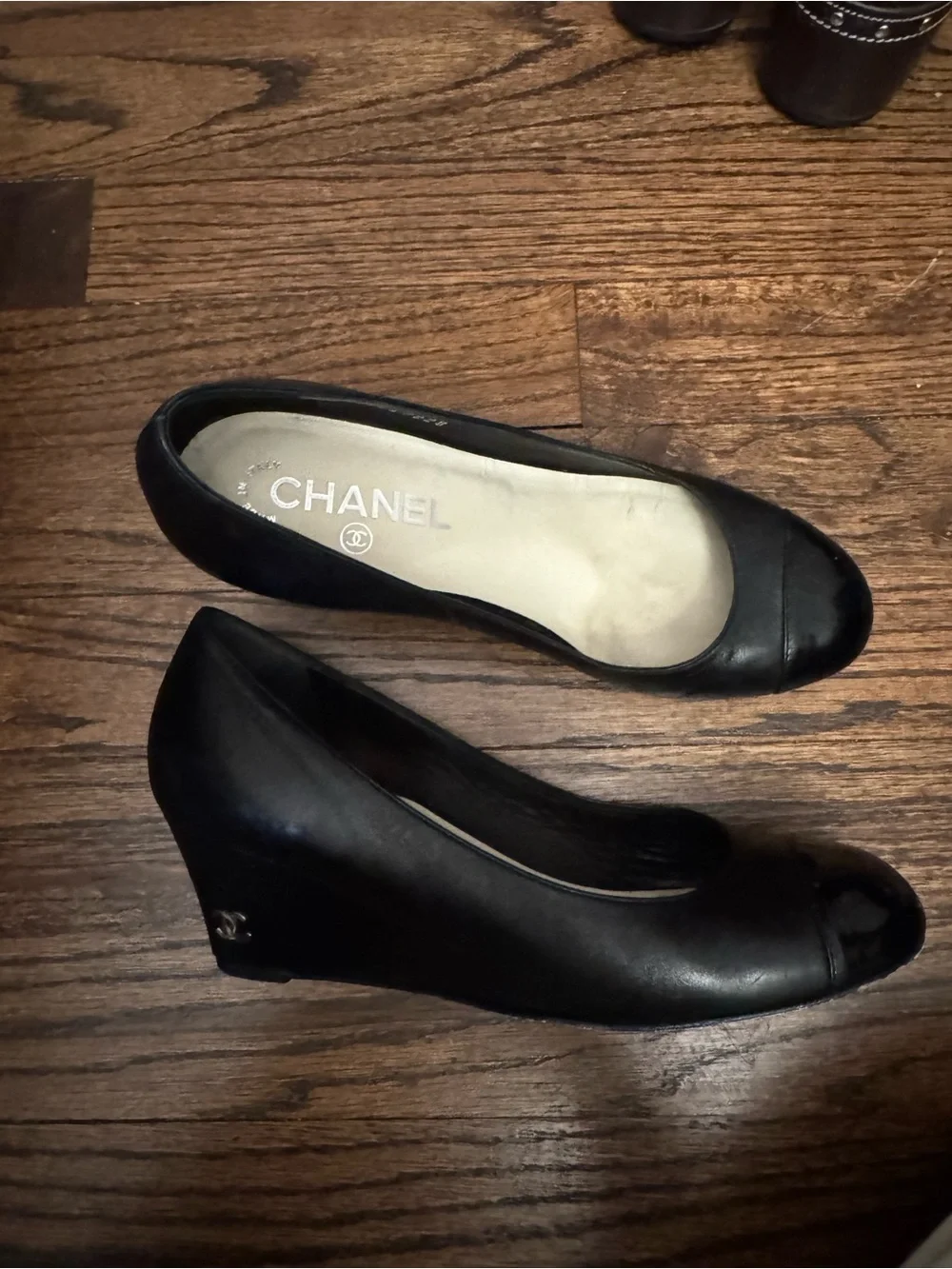 CHANEL Black Leather Peep-Toe Wedge Pumps